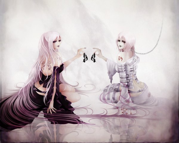 Anime picture 1500x1200 with vocaloid megurine luka rouge (artist) long hair short hair red eyes sitting bare shoulders multiple girls pink hair nail polish tattoo reflection dual persona insect wings butterfly wings girl dress 2 girls detached sleeves