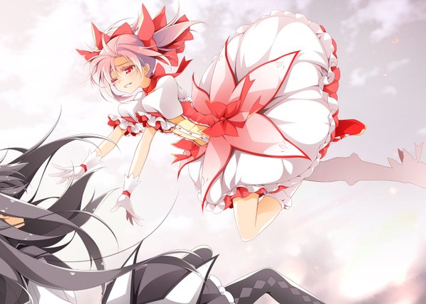 Anime picture 1400x1000 with mahou shoujo madoka magica shaft (studio) akemi homura kaname madoka reina (black spider) long hair short hair black hair red eyes white background multiple girls pink hair one eye closed wink outstretched arm jumping girl gloves bow 2 girls