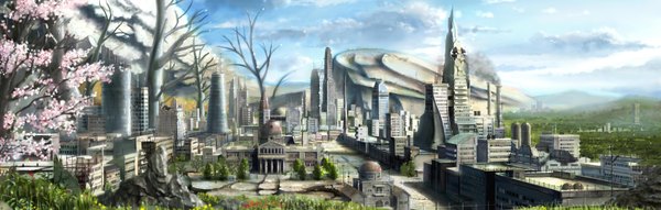 Anime picture 3384x1080 with miyahara shuta highres wide image absurdres cherry blossoms city smoke cityscape no people ruins panorama plant (plants) tree (trees) building (buildings)