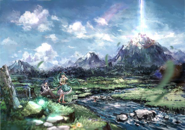 Anime picture 1488x1052 with vocaloid hatsune miku kaito (vocaloid) c.z. long hair short hair blue eyes twintails blue hair cloud (clouds) aqua eyes aqua hair mountain landscape river girl dress boy plant (plants) leaf (leaves)