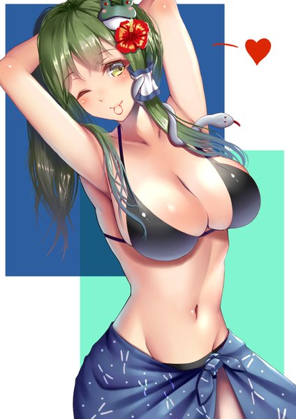 Anime picture 1272x1800 with touhou kochiya sanae suika (atelier-yuu) single long hair tall image looking at viewer blush breasts light erotic large breasts green eyes one eye closed hair flower green hair groin girl navel flower (flowers) animal