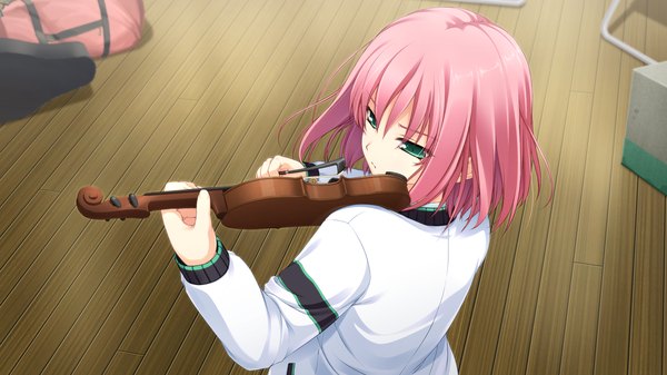 Anime picture 2560x1440 with shunki gentei poco a poco ninomae sakura kazami haruki highres short hair wide image green eyes pink hair game cg girl violin bow (instrument)