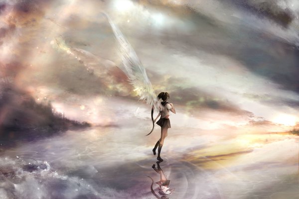 Anime picture 3720x2480 with original zhang xiao bo single long hair highres black hair standing absurdres sky cloud (clouds) ponytail pleated skirt sunlight reflection angel wings sunbeam girl skirt uniform school uniform
