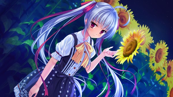 Anime picture 1280x720 with natsu no iro no nostalgia moonstone maniwa shouko yamakaze ran single long hair looking at viewer blush smile red eyes wide image twintails game cg white hair night girl dress flower (flowers) ribbon (ribbons) hair ribbon