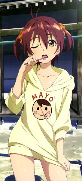 Anime picture 4083x8945 with vividred operation nyantype isshiki akane single tall image highres short hair open mouth red eyes brown hair twintails absurdres one eye closed wink official art short twintails girl sweater