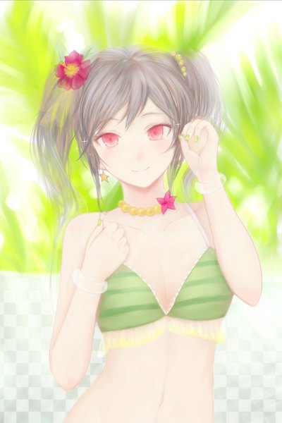 Anime picture 1258x1888 with love live! school idol project sunrise (studio) love live! yazawa nico moekyon single long hair tall image looking at viewer twintails pink eyes hair flower grey hair girl hair ornament flower (flowers) swimsuit earrings bikini