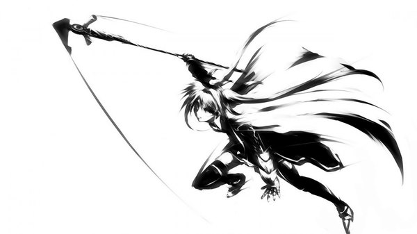Anime picture 1920x1080 with mahou shoujo lyrical nanoha mahou shoujo lyrical nanoha strikers fate testarossa bardiche mohomen single long hair highres simple background wide image white background monochrome girl weapon cloak