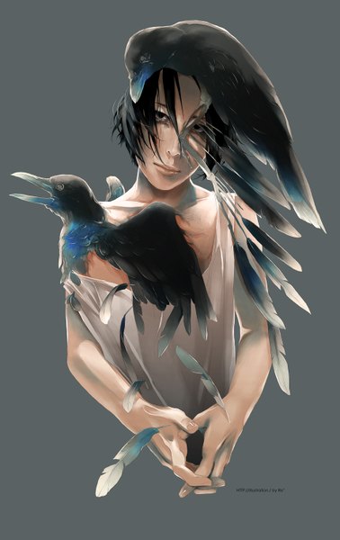 Anime picture 935x1484 with original re (artist) single tall image looking at viewer short hair black hair simple background lips black eyes off shoulder grey background boy animal bird (birds) feather (feathers) crow