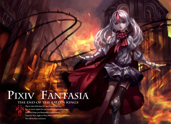 Anime picture 2000x1451 with original pixiv fantasia pixiv fantasia fallen kings baka (mh6516620) single long hair looking at viewer highres red eyes twintails white hair multicolored hair two-tone hair streaked hair girl thighhighs dress gloves armor striped thighhighs