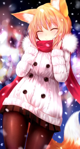 Anime picture 2000x3727 with original suke single tall image looking at viewer fringe highres short hair blonde hair smile hair between eyes animal ears tail eyes closed animal tail pleated skirt blurry fur trim fox ears fox tail