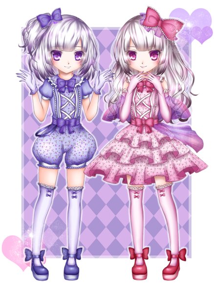 Anime picture 1096x1500 with original shitou long hair tall image short hair red eyes purple eyes multiple girls white hair girl thighhighs dress gloves bow 2 girls hair bow white thighhighs elbow gloves heart