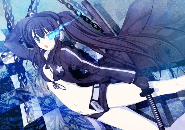 Anime picture 4209x2976 with black rock shooter black rock shooter (character) 47agdragon long hair highres open mouth blue eyes black hair twintails absurdres glowing glowing eye (eyes) girl gloves sword shorts headphones bikini top
