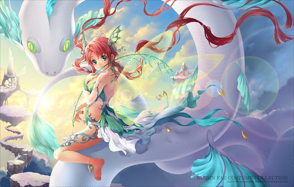 Anime picture 1102x700 with kaze-hime looking at viewer green eyes red hair very long hair fantasy girl wings dragon