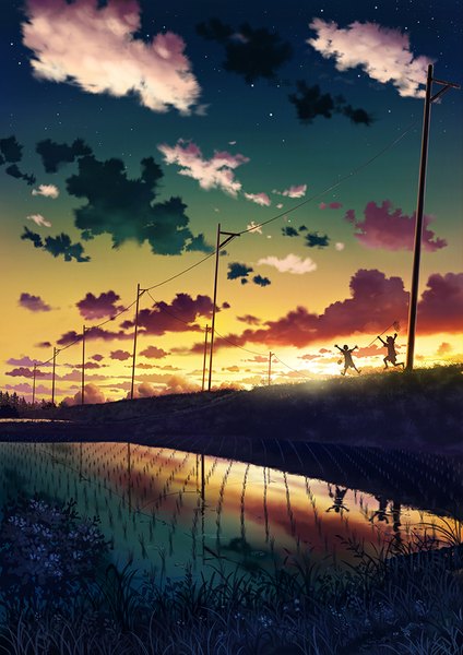Anime picture 700x990 with original pei (sumurai) tall image cloud (clouds) evening reflection sunset landscape jumping running flower (flowers) plant (plants) water star (stars) grass wire (wires) rice paddy