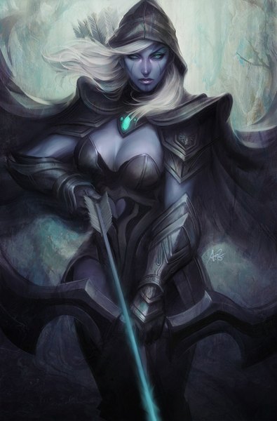 Anime picture 1024x1555 with dota 2 (game) drow ranger (dota 2) single long hair tall image looking at viewer breasts blue eyes blonde hair white hair tattoo dark skin dark elf girl weapon armor hood cloak bow (weapon) arrow (arrows)