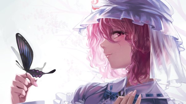 Anime picture 1280x720 with touhou saigyouji yuyuko geppewi single looking at viewer blush short hair simple background smile wide image white background pink hair traditional clothes japanese clothes profile pink eyes lips turning head butterfly on hand girl