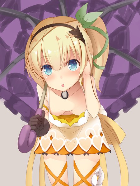 Anime picture 750x1000 with tales of (series) tales of zestiria edna (tales) wapokichi single tall image looking at viewer blush fringe blue eyes light erotic blonde hair leaning one side up girl gloves hair ornament ribbon (ribbons) hair ribbon black gloves
