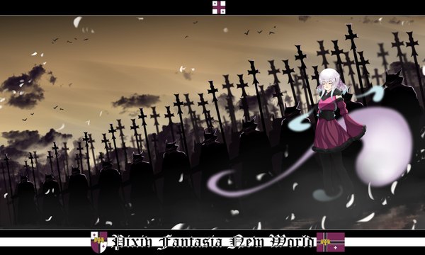 Anime picture 1800x1080 with pixiv fantasia new world dusk/dawn single highres short hair wide image white hair eyes closed ghost army girl dress petals