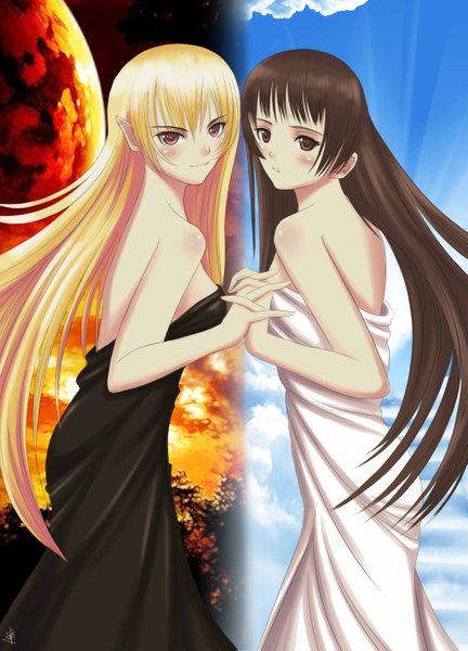 Anime picture 2125x2952 with original xiao lian long hair tall image blush highres black hair blonde hair red eyes multiple girls brown eyes signed cloud (clouds) pointy ears girl dress 2 girls