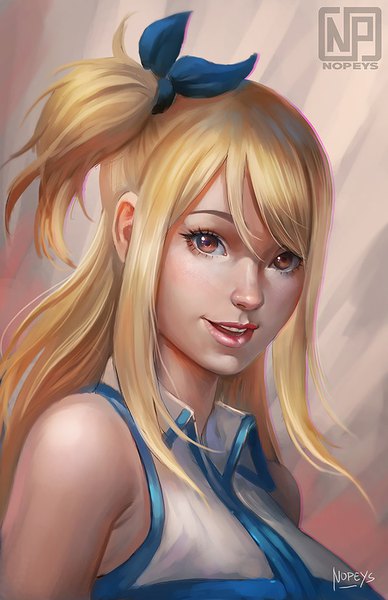 Anime picture 600x927 with fairy tail lucy heartfilia nopeys single long hair tall image looking at viewer fringe breasts open mouth blonde hair smile hair between eyes large breasts bare shoulders brown eyes signed payot :d realistic