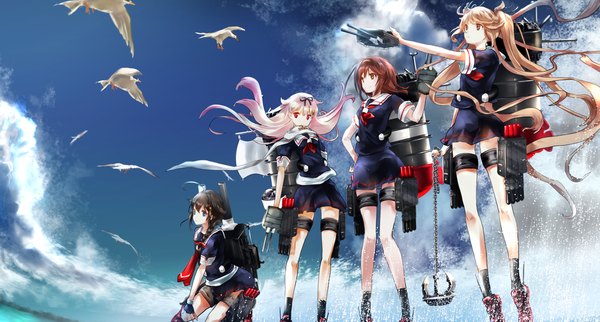 Anime picture 1665x895 with kantai collection shigure destroyer yuudachi destroyer murasame destroyer shiratsuyu destroyer renon (tenle) long hair blue eyes black hair blonde hair red eyes brown hair wide image twintails multiple girls brown eyes looking away sky cloud (clouds) braid (braids)