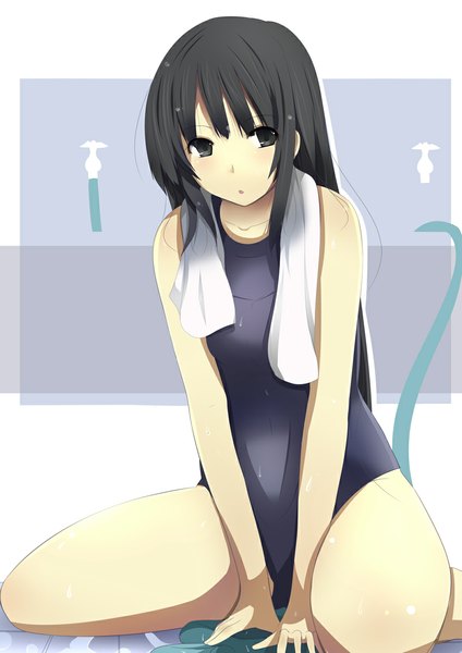 Anime picture 800x1132 with original daiaru single long hair tall image looking at viewer light erotic black hair black eyes towel around neck girl swimsuit towel