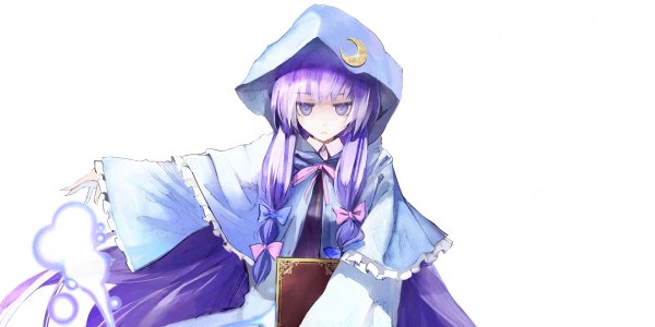 Anime picture 1200x600 with touhou koumajou densetsu patchouli knowledge banpai akira single long hair simple background wide image white background twintails purple eyes purple hair outstretched arm crescent girl bow hair bow frills book (books) hood