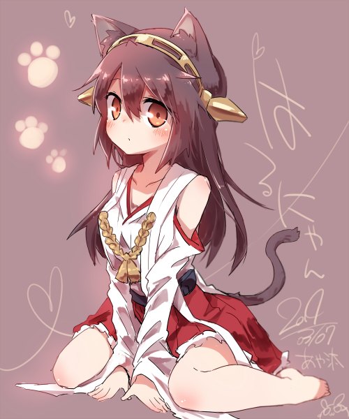 Anime picture 1000x1200 with kantai collection haruna battleship ayakashi (monkeypanch) single long hair tall image looking at viewer blush brown hair sitting brown eyes signed animal ears tail traditional clothes japanese clothes animal tail barefoot cat ears cat tail