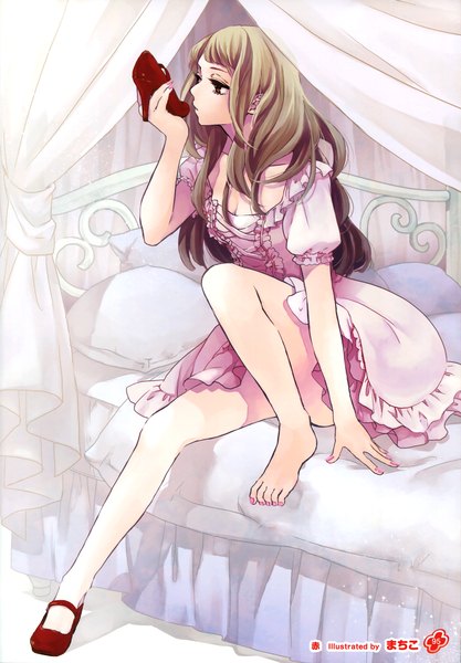 Anime picture 2503x3600 with girls, girls, girls! 11 (artbook) machiko single long hair tall image highres brown hair brown eyes barefoot scan official art bare legs legs girl dress pillow bed