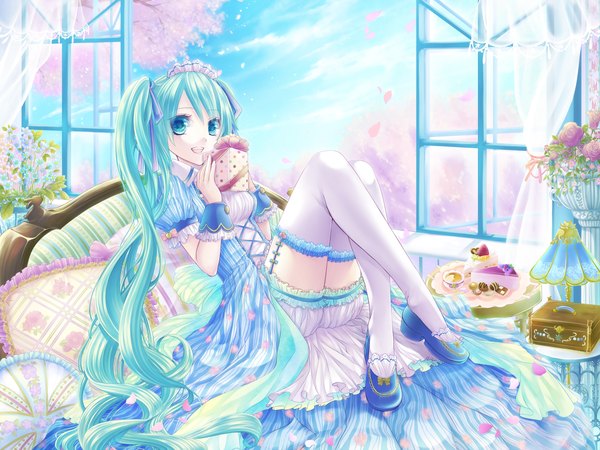 Anime picture 1200x900 with vocaloid hatsune miku kurone kuroneko single looking at viewer blue eyes ponytail very long hair aqua hair girl thighhighs dress flower (flowers) petals white thighhighs food sweets gift