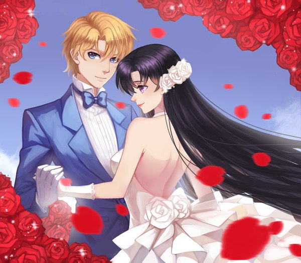 Anime picture 1600x1399 with bishoujo senshi sailor moon toei animation hino rei jadeite (sailor moon) tongyaohuan long hair short hair blue eyes black hair blonde hair purple eyes bare shoulders looking away sky purple hair profile hair flower light smile lips from behind