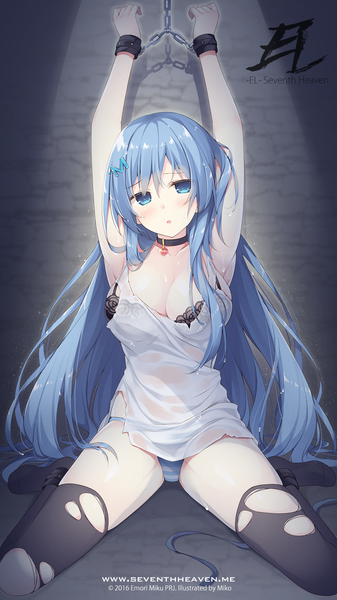 Anime picture 1080x1920 with emori miku project emori miku miko (royal milk) single long hair tall image looking at viewer blush fringe breasts open mouth blue eyes light erotic hair between eyes large breasts sitting bare shoulders signed blue hair full body