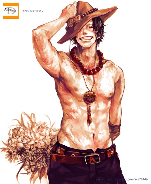 Anime picture 2143x2606 with one piece toei animation portgas d. ace tsuyomaru single tall image highres short hair black hair simple background smile white background signed eyes closed tears happy birthday freckles boy flower (flowers) hat