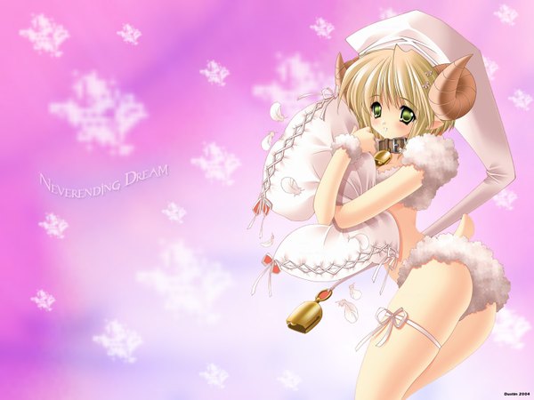 Anime picture 1600x1200 with original carnelian single short hair light erotic blonde hair green eyes horn (horns) wallpaper text english bell collar pillow hug sheep girl girl pillow bell feather (feathers) nightcap