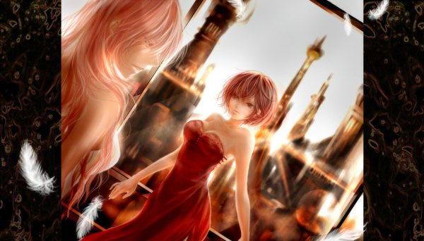 Anime picture 1260x720 with vocaloid megurine luka meiko suu (knzksu) long hair short hair brown hair wide image bare shoulders multiple girls brown eyes pink hair sunlight girl dress 2 girls building (buildings) feather (feathers) red dress