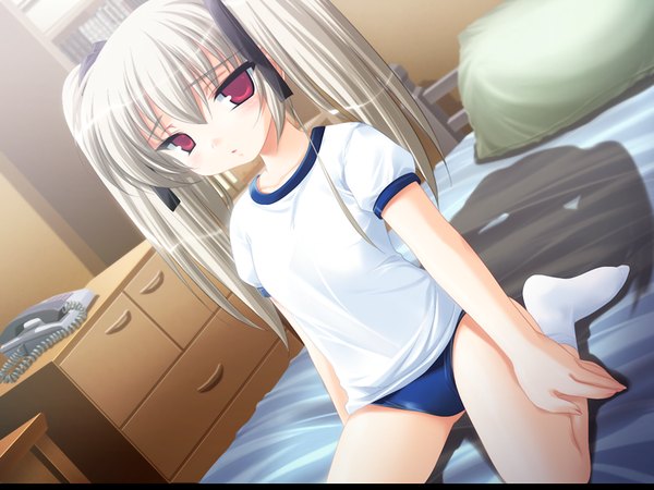 Anime picture 1024x768 with moero downhill night 2 narukami kei emily (pure dream) single long hair fringe light erotic hair between eyes red eyes twintails looking away game cg silver hair indoors shadow loli expressionless girl uniform bed