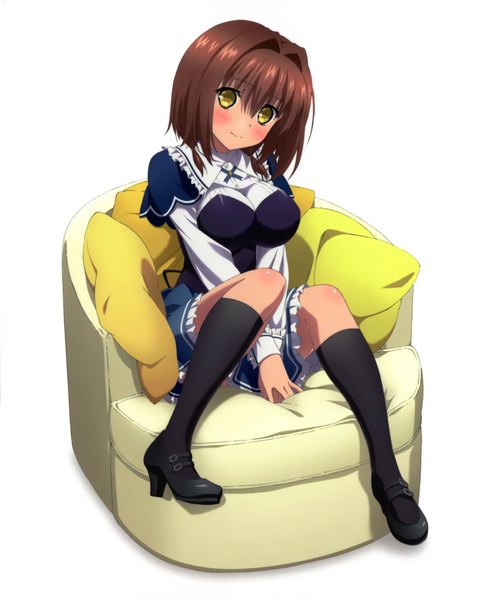 Anime picture 3217x4013 with absolute duo 8bit hotaka miyabi single tall image looking at viewer blush highres short hair simple background brown hair white background sitting yellow eyes absurdres scan girl uniform school uniform socks
