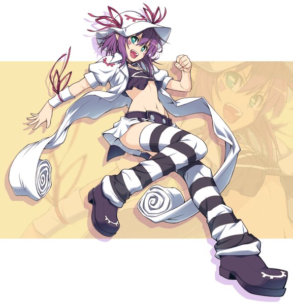 Anime picture 1443x1500 with yumekui merry merry nightmare komase (jkp423) single tall image short hair open mouth smile green eyes purple hair girl thighhighs navel ribbon (ribbons) hat striped thighhighs