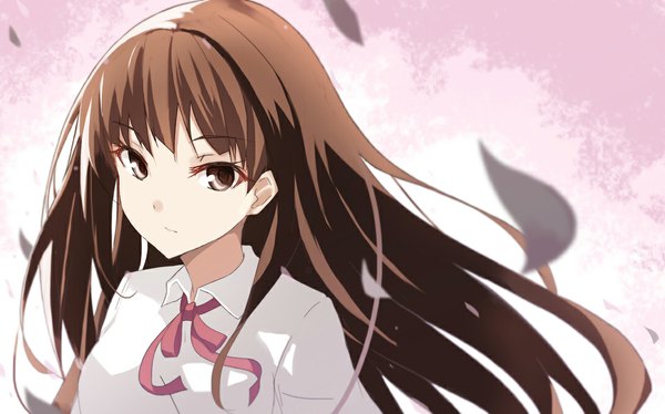 Anime picture 1073x670 with original yashiro (silver will) single long hair looking at viewer fringe simple background brown hair wide image brown eyes girl ribbon (ribbons) shirt