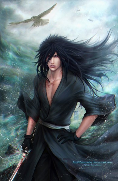 Anime picture 3527x5418 with naruto studio pierrot naruto (series) uchiha madara zetsuai89 single long hair tall image highres black hair red eyes absurdres wind realistic storm boy gloves weapon animal sword