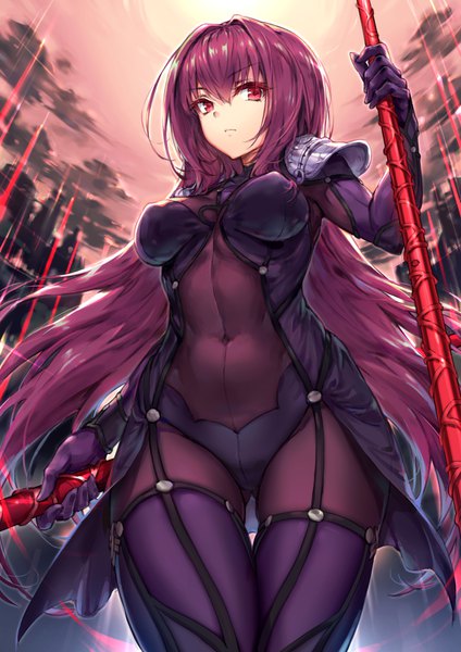 Anime picture 777x1100 with fate (series) fate/grand order scathach (fate) (all) scathach (fate) haoni single long hair tall image looking at viewer fringe breasts light erotic hair between eyes red eyes holding purple hair from below thigh gap covered navel dual wielding