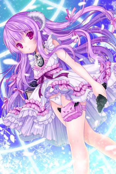 Anime picture 800x1200 with sword girls amrita ratise single long hair tall image looking at viewer blush fringe open mouth light erotic standing purple eyes holding purple hair horn (horns) glowing body blush girl dress