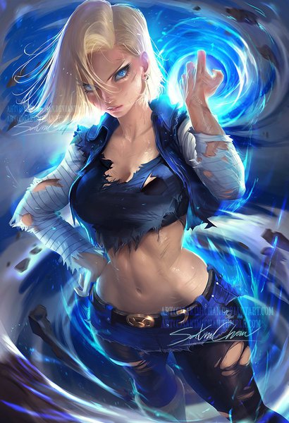 Anime picture 684x1000 with dragon ball dragon ball z android 18 sakimichan single tall image looking at viewer fringe short hair breasts blue eyes light erotic blonde hair large breasts signed long sleeves realistic bare belly hand on hip torn clothes