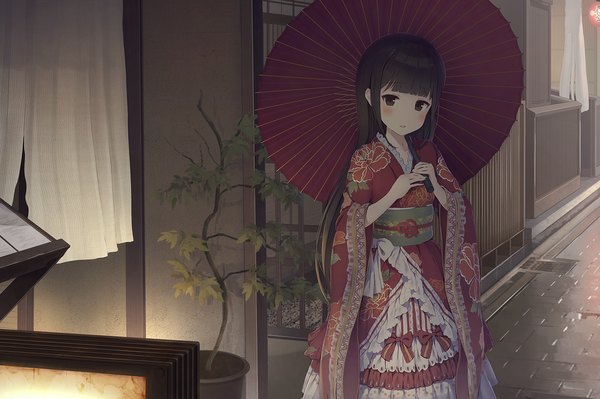 Anime picture 1600x1066 with original alc (ex2 lv) single long hair looking at viewer blush black hair traditional clothes japanese clothes black eyes girl dress plant (plants) tree (trees) kimono umbrella oriental umbrella