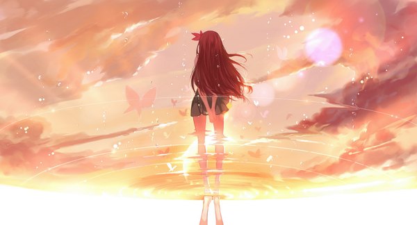 Anime picture 1920x1037 with kantai collection kisaragi destroyer joseph lee single long hair highres brown hair wide image standing sky cloud (clouds) pleated skirt barefoot hair flower sunlight bare legs no shoes reflection hands behind back sunbeam