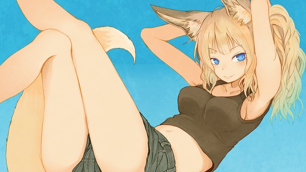 Anime picture 1024x576 with original batta (kanzume quality) single long hair looking at viewer blush fringe breasts light erotic simple background blonde hair smile wide image large breasts animal ears ahoge bent knee (knees) tail blunt bangs animal tail