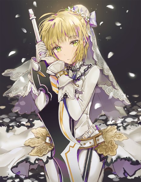 Anime picture 900x1162 with fate (series) fate/extra fate/extra ccc nero claudius (fate) (all) nero claudius (fate) nero claudius (bride) (fate) dangmill single tall image looking at viewer fringe short hair blonde hair green eyes ahoge head tilt hair bun (hair buns) girl gloves weapon