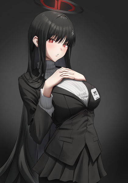 Anime picture 2450x3500 with blue archive rio (blue archive) gileu single long hair tall image looking at viewer blush fringe highres breasts black hair simple background red eyes large breasts standing blunt bangs long sleeves parted lips pleated skirt