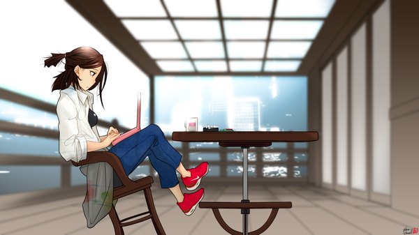 Anime picture 1920x1080 with original caooll (co-ohol) single highres short hair breasts brown hair wide image sitting brown eyes ponytail profile girl shirt shoes jeans blue jeans laptop