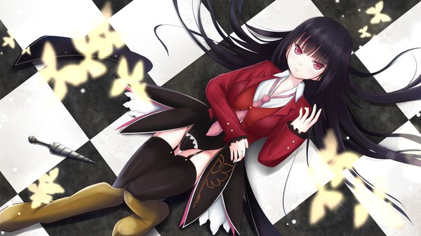 Anime picture 1920x1079 with umineko no naku koro ni lucifer kirimoti34 single long hair highres black hair red eyes wide image lying girl thighhighs black thighhighs insect butterfly